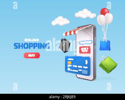 Realistischer Smartphone-Store. E-Commerce-Markt, 3D-Rendering-Telefon-Shop Überdachung Online-Zahlung mobiler Kauf Supermarkt digitales Angebot Internet Geschenk Promotion Vektor Illustration Banner Smartphone-Shop Stock Vektor
