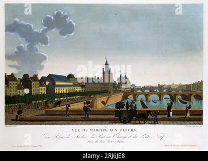 Vue du Marche Aux Fleurs, Pont au Change et Pont-Neuf-in "Vues de Paris par Courvoisier, 1827 Stockfoto