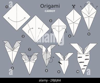 Origami-Tutorial für Kinder. Origami, süße Karotte. Stock Vektor