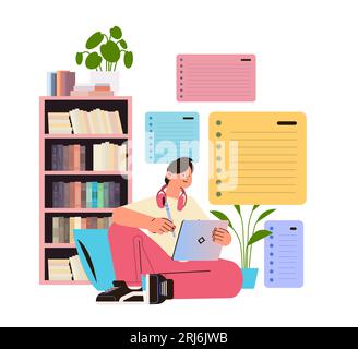 Schüler mit Bleistift, der ein Notebook verwendet, um digitale Notizen zu machen, E-Learning-Konzept für Online-Schulungen Stock Vektor