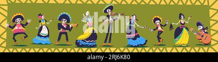 Tag tote Zeichen. Frau Skelett catrina in traditionellen mexikanischen Kleid tanzen auf Mariachi Musik, de los Muertos oder halloween Party Zucker Schädel Kostüm klassische Vektor-Illustration Stock Vektor