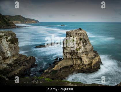 Felsen am Muriwai Beach, Auckland Neuseeland im Winter Stockfoto