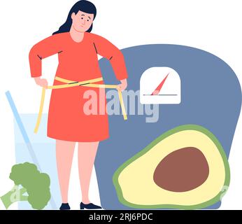 Übergewichtige Frauenkonzeption. Junge Frau, die Taille, Gemüse, ein Glas Wasser und Waage misst. Diät- und Lebensmittelvektorszene, körperpositiv Stock Vektor