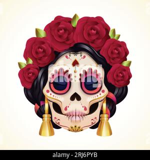 Mexikanischer weiblicher Schädel. 3. Tag Dead catrina Frau Skelett, DIA de Muertos Gesicht Make-up für halloween Cele Kalibrierung Festival Kostüm in Zucker Schädel Stil, genaue Vektor-Illustration von catrina Frau Stock Vektor