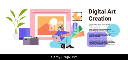 Grafikdesignerin, die an einer Laptop-Designerin arbeitet, die ein Konzept für die digitale Gestaltung von Logos entwickelt Stock Vektor