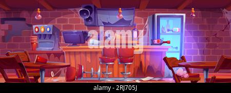 Kaputte, verlassene Bartheke - beschädigtes und geschlossenes Pub- oder Café-Rack mit Abfall und Spinnweben, abgestürzter fernseher und Loch in der Wand, zerschmetterte Möbel und Kassierer. Zeichentrickvektor-Illustration. Stock Vektor