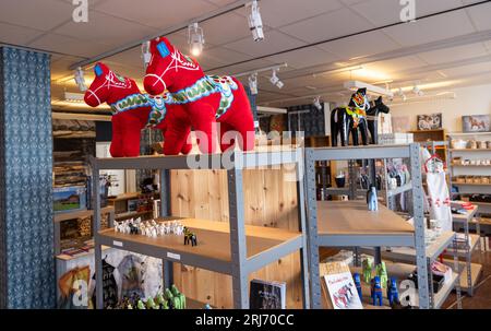 Schilder und Symbole, Touristenladen, Dalarna Design von Schweden, Falun, Schweden. Stockfoto