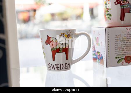 Schilder und Symbole, Touristenladen, Dalarna Design von Schweden, Falun, Schweden. Stockfoto