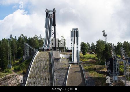 Lugnet ist ein großer Sportkomplex in Falun, Schweden. Im Bild: Lugnet HS134 ist eine große Schanze. Stockfoto