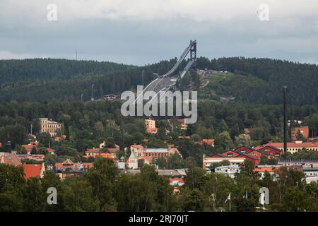 Lugnet ist ein großer Sportkomplex in Falun, Schweden. Im Bild: Lugnet HS134 ist eine große Schanze. Stockfoto