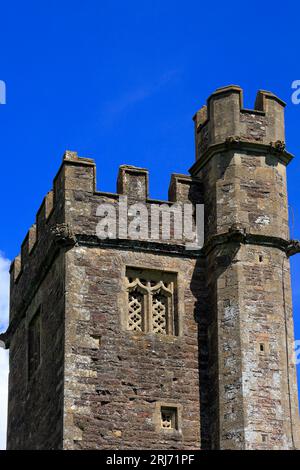 Turmdetail mit Wasserspeiern, Kirche St. Steven & St. Tathan, Caerwent Village, South Wales. August 2023. Pfarrkirche. Stockfoto