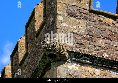 Turmdetail mit Wasserspeiern, Kirche St. Steven & St. Tathan, Caerwent Village, South Wales. August 2023. Pfarrkirche. Stockfoto
