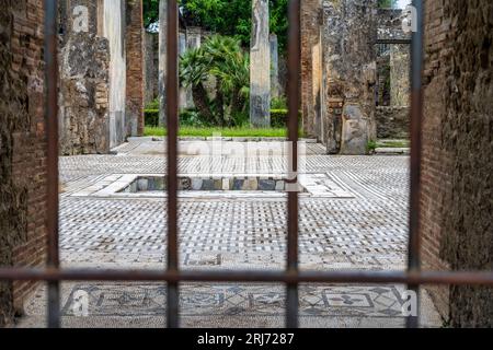 Mosaikboden in der Casa del Cinghiale an der Via dell’Abbondanza in den Ruinen der antiken Stadt Pompeji in der Region Kampanien in Süditalien Stockfoto