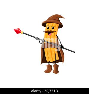 Comic Halloween Churros tex mex Essen Zauberer und Magier Charakter. Isolierte Vektor magische Persönlichkeit aus Churro-Teig, die köstliche Zauber zaubert Stock Vektor
