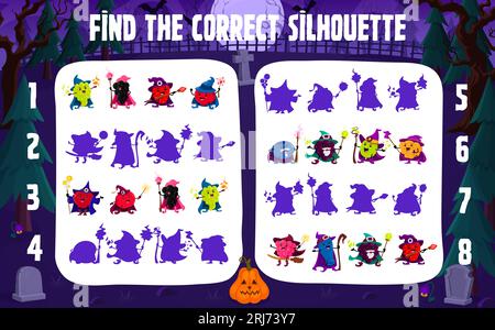 Auf dem Friedhof findest du die richtige Silhouette der Halloween-Zauberer und Magier. Kinder Vektor Schatten Match Spiel Arbeitsblatt mit Traube, blackberry, Stock Vektor