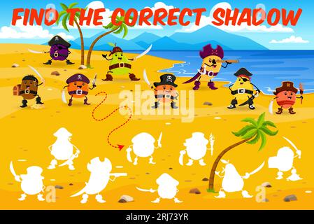 Finden Sie den richtigen Schatten der Charaktere von Cartoon Fruit Pirates and Corsairs. Vector Kinderarbeitsblatt mit passenden Schatten Puzzle, Orange, Mango, Stock Vektor
