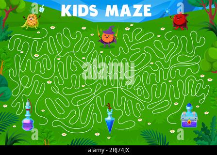 Halloween Labyrinth Labyrinth Spiel. Helfen Sie Obstmagiern und Magier, eine Trinkflasche zu finden. Vektorarbeitsblatt zum Suchen nach Wegen mit Ananas, Orange und Granatapfel Stock Vektor