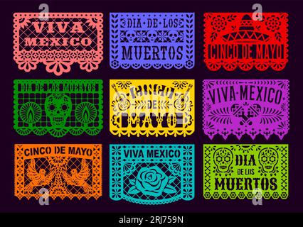 Mexikanische Papel Picado Papier geschnitten Feiertagsfahnen. Cinco de Mayo, Tag der Toten, viva Mexiko. Vector traditionelle Laserschneiden Dekorationsbanner mit fl Stock Vektor