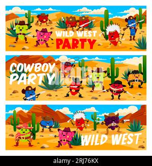 Wild West Desert, Comic Western Beere Cowboy, Sheriff, Ranger und Banditen Charaktere, Kinder Party Vektor Banner. Kindergartenkostüm oder Geburtsspiel Stock Vektor