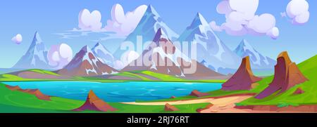 Naturhintergrund mit Bergen und See. Sommerlandschaft des Bergtals mit Fluss, grünem Gras, Straße, Steinen und weißen Schneegestein Gipfel, Vektorcartoonillustration Stock Vektor