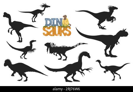 Comic-Dinosaurier-Figuren Silhouetten von Theropoden prähistorische Tiere. Lustiger Baby-Dino mit Ei, Velociraptor, dilophosaurus und Carnotaurus, Ovira Stock Vektor