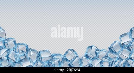 Eiswürfel und Kristalle Hintergrund. Realistischer 3D-Vektorrahmen, isolierter Rand von blauen transparenten gefrorenen Wasserstücken. Glas- oder eiskalte feste Teile, Temperatur Stock Vektor