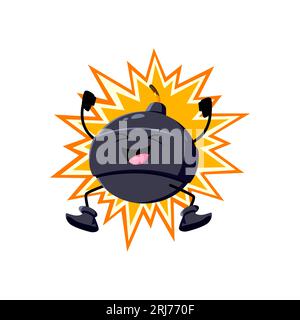 Cartoon Bomb Charakter, explosive Waffe Personage mit Burst, Docht oder fusioniert glücklich lachen mit Boom-Effekt, springen und winken Hände. Isolierter Vektor h Stock Vektor