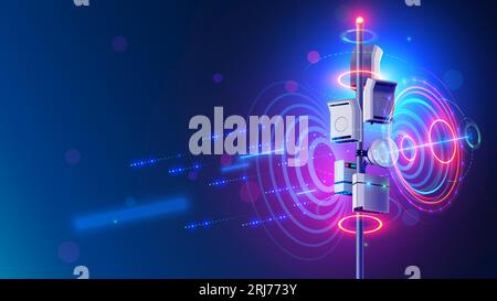 5 g Mobilfunk-Internet-Kommunikations-Tower. Drahtlose Breitbandantenne überträgt Telekommunikationssignal. 5g-Antennennetzwerk. 5 g Kommunikationsmast breit Stock Vektor