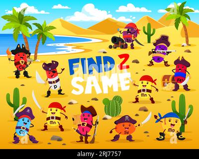 Finde zwei gleiche Cartoon-Vitamine und Mikronährstoffe Piratenfiguren Kindervektorspiel. Pädagogisches Rätsel für Kinder, Freizeitaktivitäten mit P, SE, CA oder Stock Vektor
