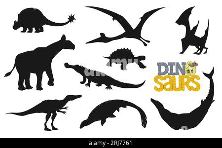 Comic-Dinosaurier-Figuren Silhouetten. Vektorprähistorische Tiere mit niedlichem Baby-Dino im Ei. mosasaurus, basilosaurus, Tapejara und sarcosuchus-Vertreter Stock Vektor