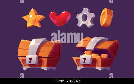 Goldene und Brust-ui-Vektor-Symbolsatz. Casino-Cartoon-Interface-Paket mit Schloss und offener Geldbox, Herz-, Stern-, Münz- und Ausrüstungseinstellungen. 2D Fantasy Online-Computer-App isolierte Beuteobjekt Stock Vektor