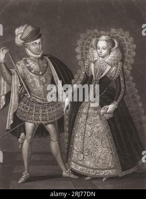 Mary, Queen of Scots, auch bekannt als Mary Stuart und Mary I of Scotland, 1542–1587, zusammen mit ihrem Ehemann Henry Stuart, Lord Darnley, 1546–1567. Nach einem Druck aus dem 19. Jahrhundert von Renold Elstrack. Stockfoto