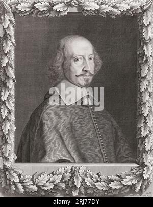 Kardinal Jules Raymond Mazarin, 1. Herzog von Rethel, Mayenne und Nevers, 1602–1661, geboren als Giulio Raimondo Mazzarini oder Mazarini. Italienischer Kardinal, Diplomat und Politiker. Nach einem Kupferstich von Robert Nanteuil. Stockfoto