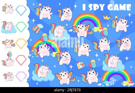 Ich spioniere das Arbeitsblatt mit Katicorn-Katze und Kätzchen aus. Objekte, die Spiel oder Spielaktivität suchen, Vektorseite mit entzückender Feen-Katicorn p Stock Vektor