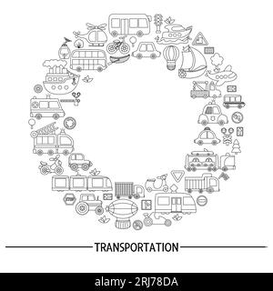 Vector schwarz-weiß Transport Rundrahmen mit Bus, Auto, Boot, LKW. Linienkartenvorlage mit Transport für Banner, Einladungen. Niedlich Stock Vektor