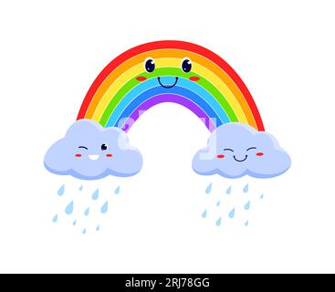 Lustige Regenbogen- und Regenwolken, Zeichentrickfiguren. Vektor buntes Emoticon für Wettervorhersage, kawaii Emoji des Wetters bei Regen Stock Vektor
