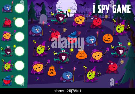 Ich spioniere das Arbeitsblatt für das Spiel aus. Comic Halloween Beeren Zauberer auf dem Nachtfriedhof. Kinder Vektorrätsel zählen, wie viele Heidelbeeren, Kirschen, Wolkenbeeren und brombeeren, Cranberry und Stachelbeeren Hexenmeister Kinder testen Stock Vektor