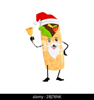 Der mexikanische Burrito-Charakter von Christmas tex trägt den weihnachtsmann-Hut und klingelt fröhlich. Isolierter Vektor leckere Street Food Vater Noel Personage feiern Weihnachten Feiertag mit einem skurrilen Touch Stock Vektor
