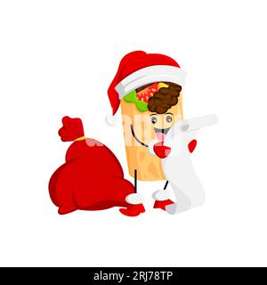 Cartoon Weihnachten Santa mexikanische Burrito-Figur mit Geschenktüte Leserolle mit den Wünschen. Isolierte Vektor Tortilla Rolle Mexiko Lebensmittel Personage tragen Vater Noel Hut hält lange Pergamentliste Stock Vektor