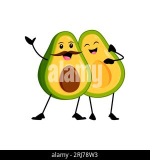 Comic lustige mexikanische Avocado-Figuren mit lächelnden Gesichtern, die ihre Liebe und Einheit auf unterhaltsame und charmante Weise zeigen. Isolierte Vektorhälften von Männern und Frauen umarmen und strahlen Zartheit aus Stock Vektor