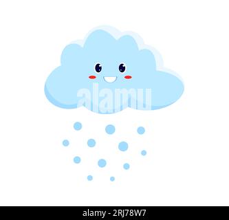 Lächelnde Comicfigur aus Wolke und Regen. Vektor regnerische Wettervorhersage Emoji Emoticon, Meteorologie kawaii, kaltes schneebedecktes Wetter, fallender Schnee Stock Vektor