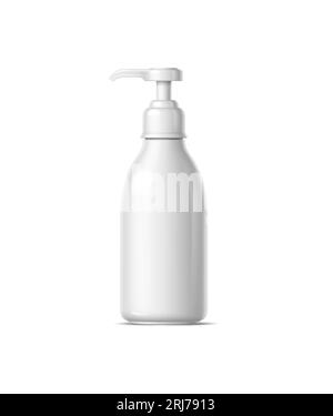 Die realistische Kosmetikflasche mit Pumpspender ermöglicht eine bequeme und reibungslose Anwendung. Flüssigseife, Desinfektionsmittel, Handcreme isoliert 3D Vektor weiß Paket Mockup, Kunststoffkolben Objekt Stock Vektor