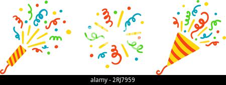 Explodierender Party-Popper. Cracker mit bunten Konfetti. Festliche Feuerwerkskörper-Ikone. Ein Konfetti aus dem Band. Cracker zum Feiern des weihnachtsgeburtstages Stock Vektor