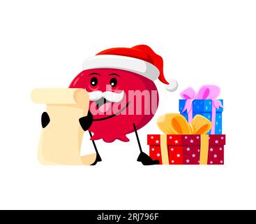 Cartoon Weihnachten Cranberry Beere Santa claus Charakter Leserolle mit den Wünschen in der Nähe des Haufens von Geschenkboxen. Isolierte Vektor-Comic-Vater Noel oder st. Nikolaus Mooseberry-Personage Stock Vektor