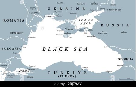 Schwarzmeerregion, graue politische Karte. Marginales mittelmeer des Atlantischen Ozeans, zwischen Europa und Asien. Mit der Krim und dem Asowschen Meer. Stockfoto