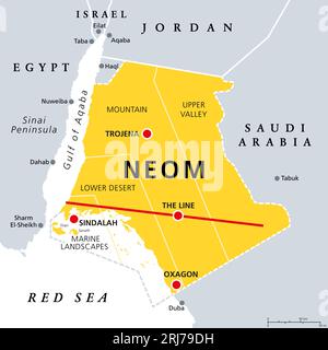 NEOM, Regionen und Orte, graue politische Karte. Geplante lineare intelligente Stadt (The Line) in Saudi-Arabien (Provinz Tabuk) mit vier Regionen. Stockfoto