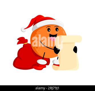 Cartoon fröhliche Weihnachtsfeiertage orange Frucht Santa Charakter mit Geschenktüte Leserolle mit den Wünschen. Isolierte Vektor Zitrusfrucht Personage tragen Vater Noel Hut hält lange Pergamentliste Stock Vektor