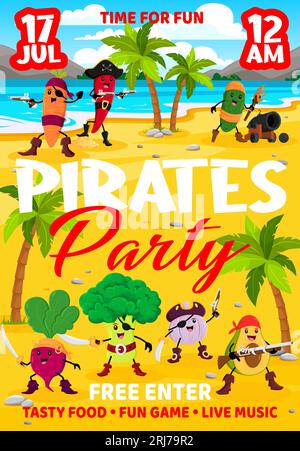 Flyer für Kinderpartys. Karikatur-Gemüsepiraten und Korsairfiguren auf Schatzinsel-Vektorplakat mit süßen Persönlichkeiten von frischen Farmkarotten, Pfeffer, Gurken und Knoblauch Piraten und Seeleuten Stock Vektor