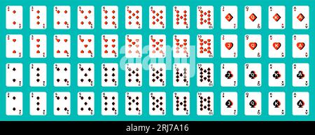 Poker-Karten-Set. Set von Pokerkarten isoliert auf grünem Hintergrund. Komplettes Kartenspiel mit Anzugssymbolen im 3D-Stil. Design für Adv Stock Vektor