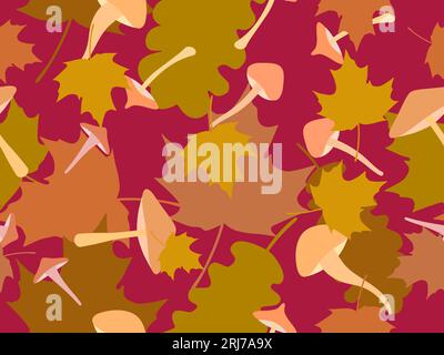 Nahtloses Herbstmuster mit Blättern und Pilzen. Blattfall, Ahorn- und Eichenblätter mit verschiedenen Pilzen. Design für Tapeten, Druck, Typografie A Stock Vektor